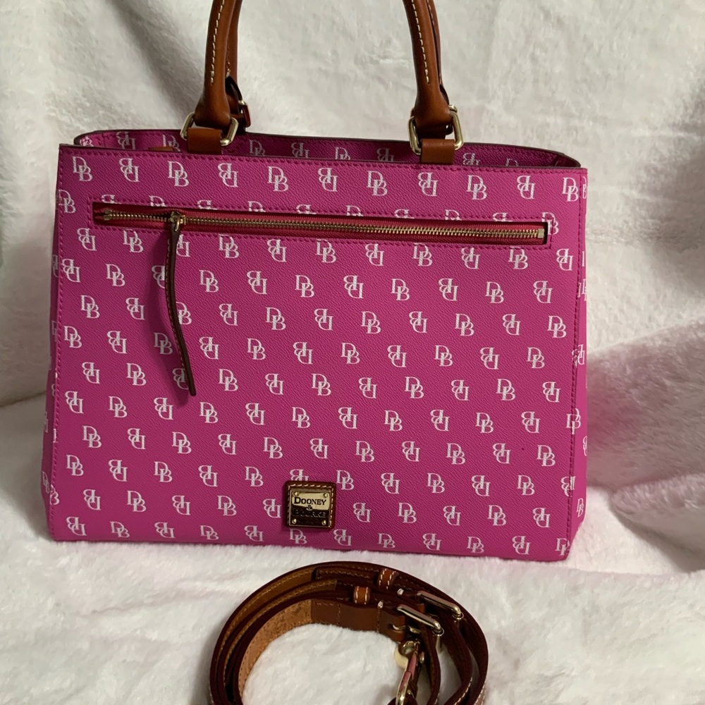 Dooney & Bourke Pink Logo Satchel with Brown Handles